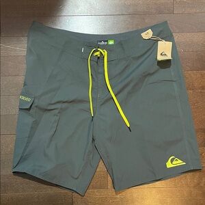 Quiksilver Men's Charcoal Swim Shorts with Neon Yellow Details